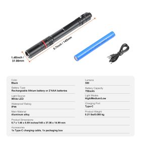 5.9 Inch Rechargeable Penlight, 300 lumens 3 Lighting Modes Pocket Pen Light, Adjustable Focus, IP44 Waterproof, Aluminum Alloy for Camping, Read
